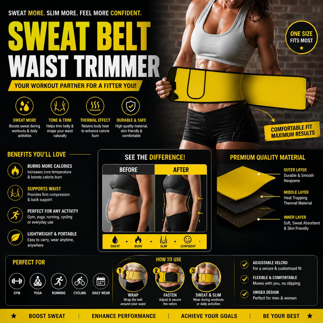 Sweat Belt, Abdominal Belt for Men and Women Non-Tearable, Sauna Belt Waist Trainer
