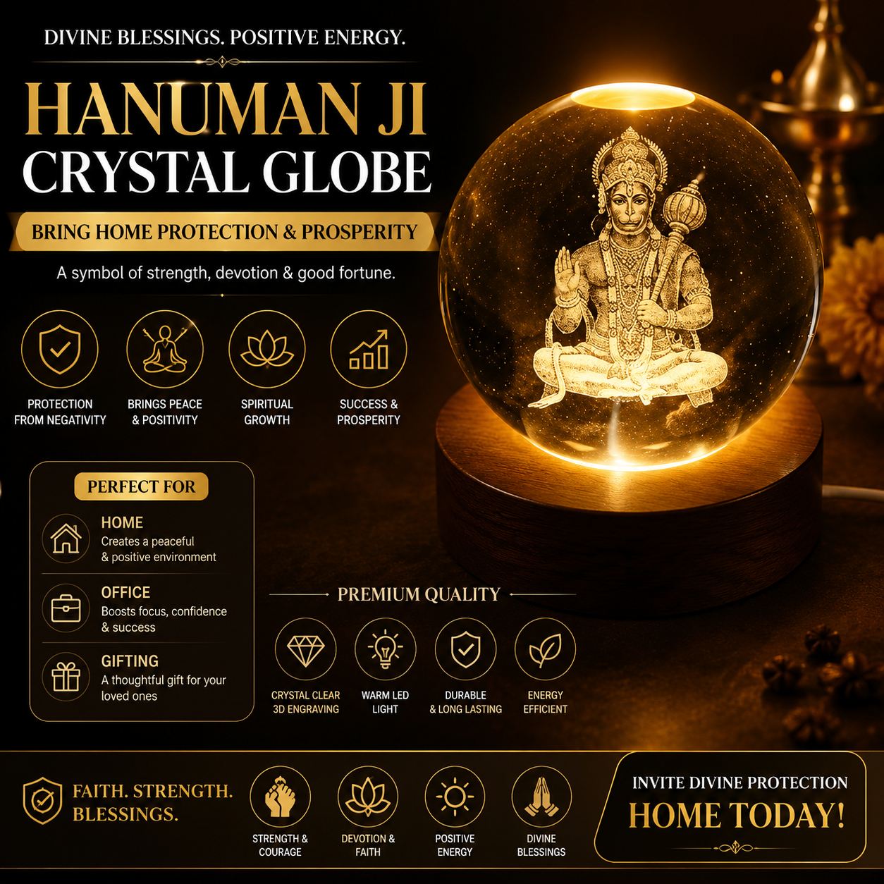 Lord Hanuman 3D Laser Engraved Crystal Ball LED Night Light with Wooden Base