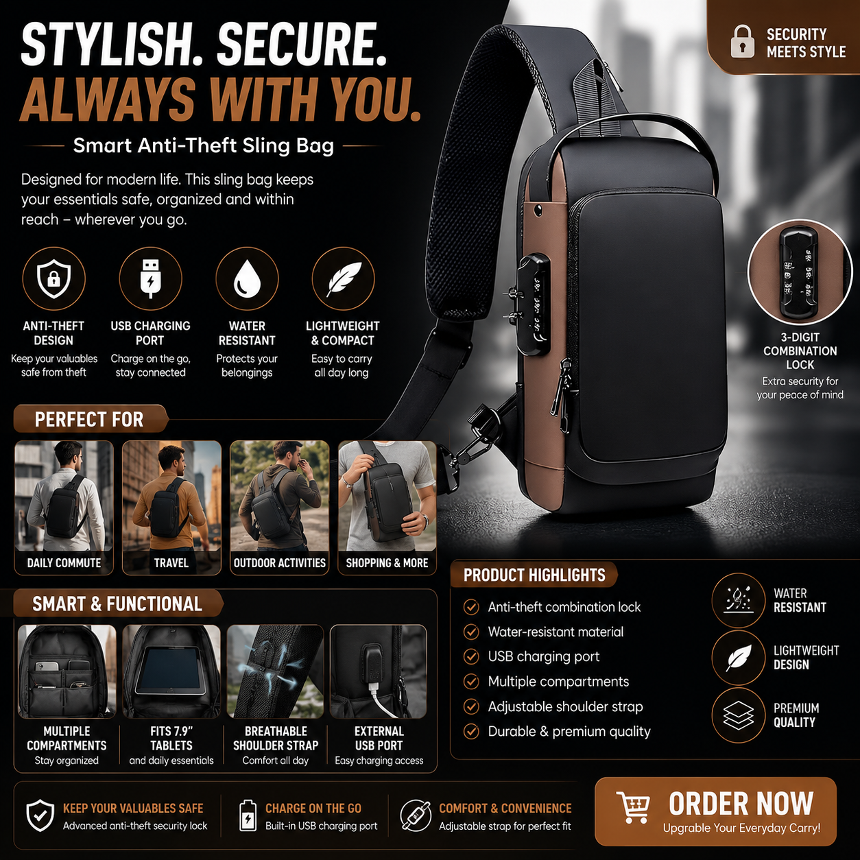 Chest Backpack brown black