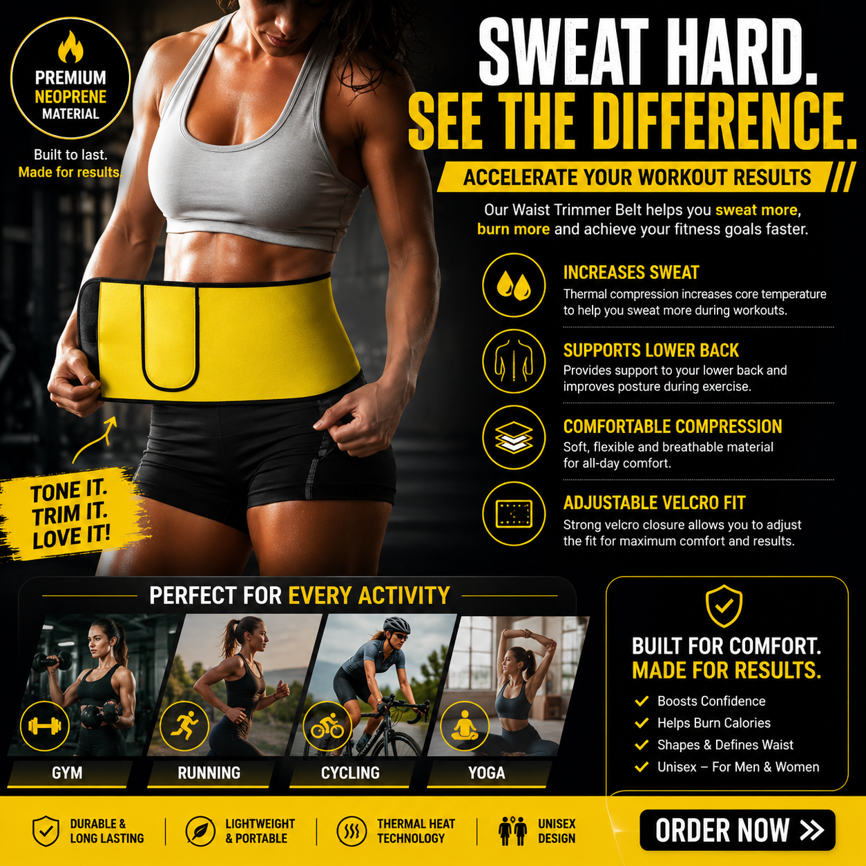 Sweat Belt, Abdominal Belt for Men and Women Non-Tearable, Sauna Belt Waist Trainer
