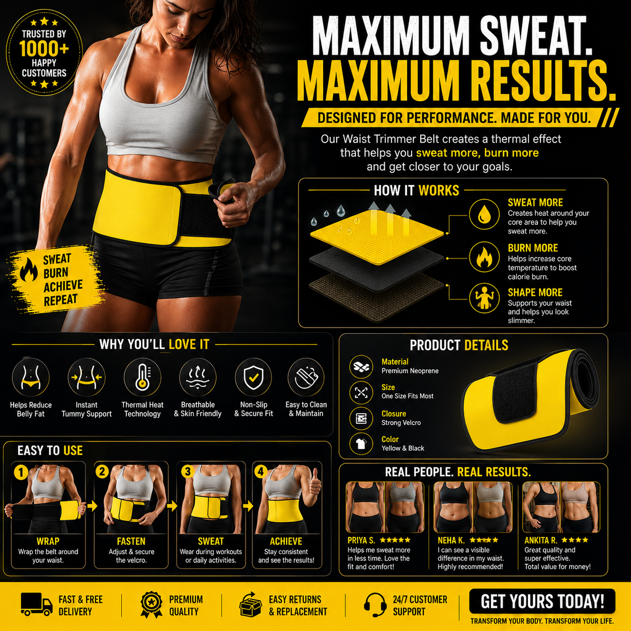 Sweat Belt, Abdominal Belt for Men and Women Non-Tearable, Sauna Belt Waist Trainer