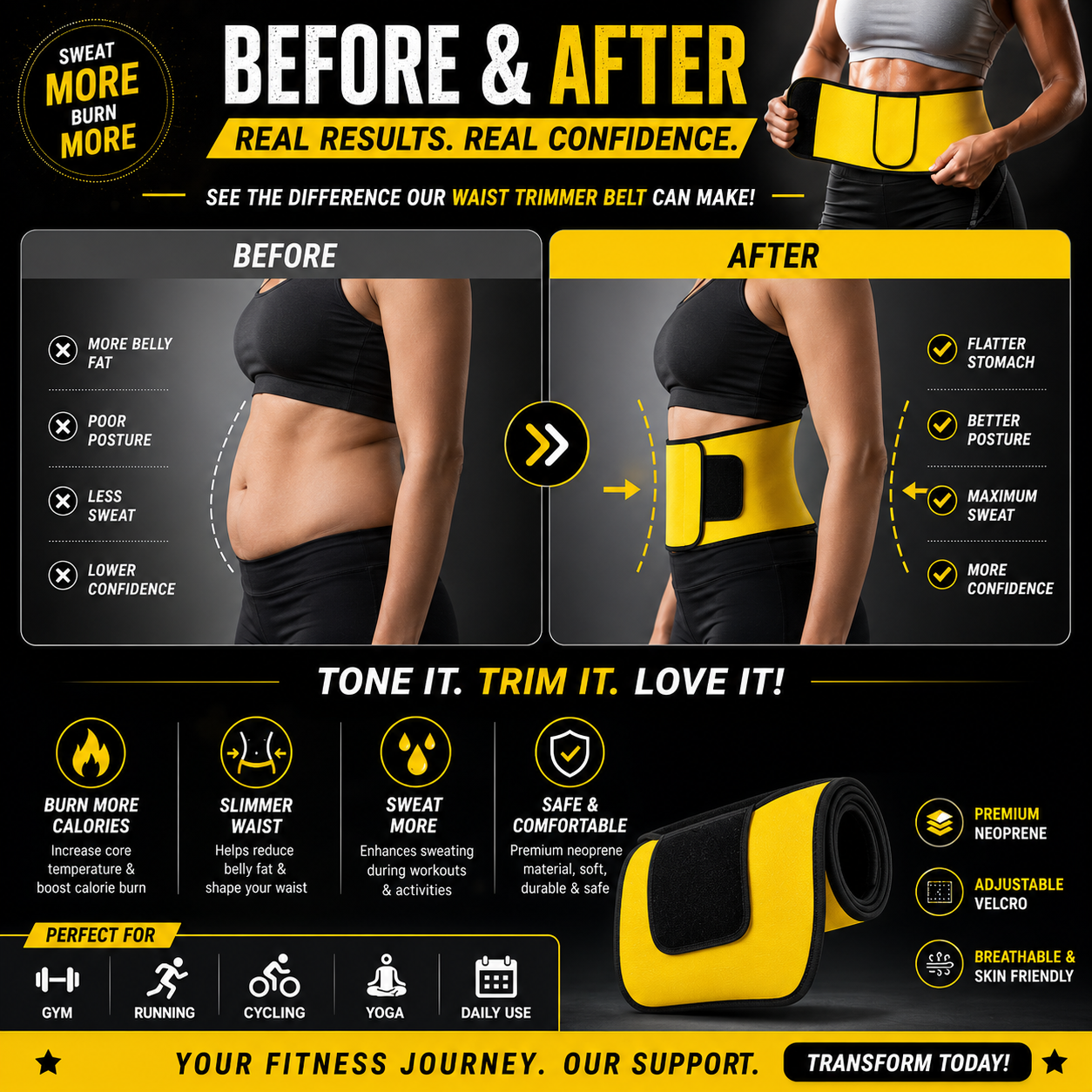 Sweat Belt, Abdominal Belt for Men and Women Non-Tearable, Sauna Belt Waist Trainer