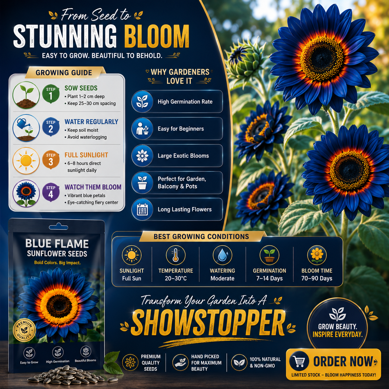 Blue Flame Sunflower Seeds + 100 Grams Organic Pot Mix Free