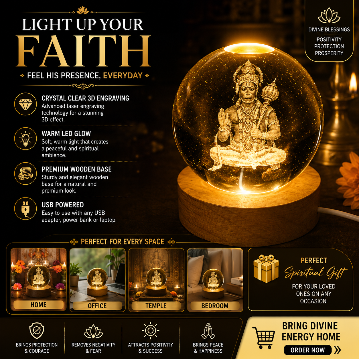 Lord Hanuman 3D Laser Engraved Crystal Ball LED Night Light with Wooden Base
