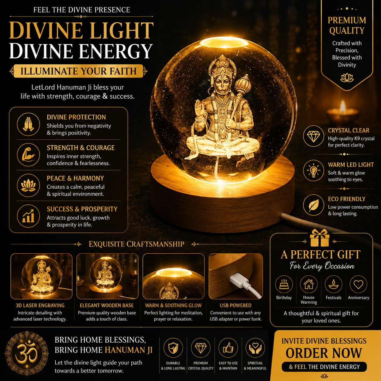 Lord Hanuman 3D Laser Engraved Crystal Ball LED Night Light with Wooden Base