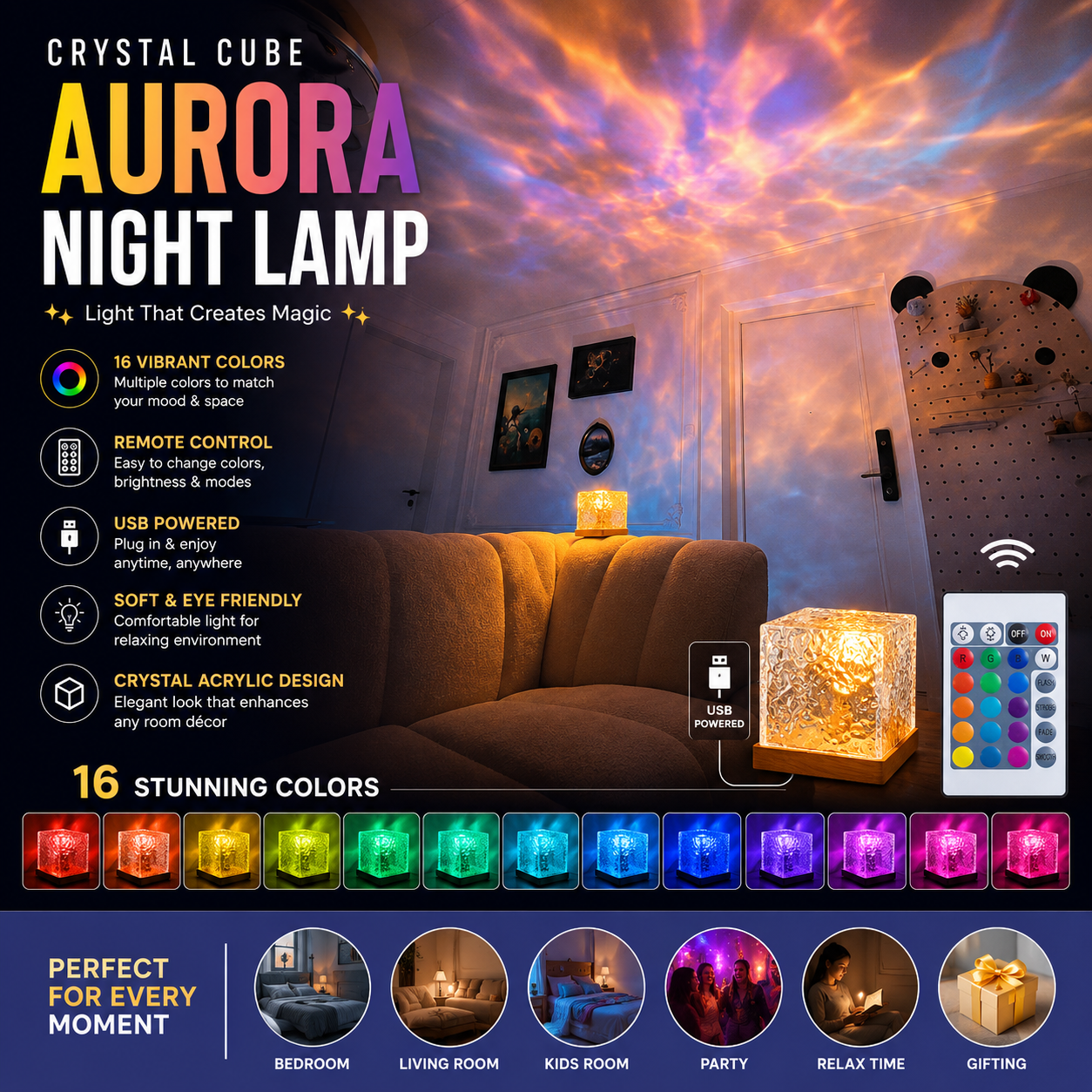 Wave Lamp, Wave Light Cube, Aurora Glow Lamp Crystal Night Light, Romantic Lamp for Room Decor, LED Wave Lights, Room Decor for Kids