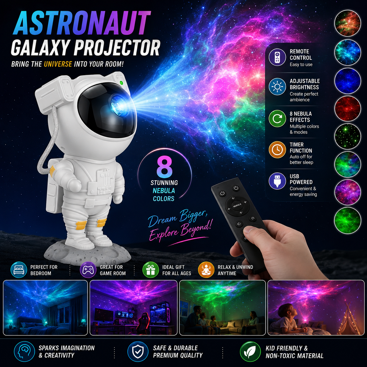Astronaut Galaxy Projector - 360 Magnetic Head Rotation, Remote Control