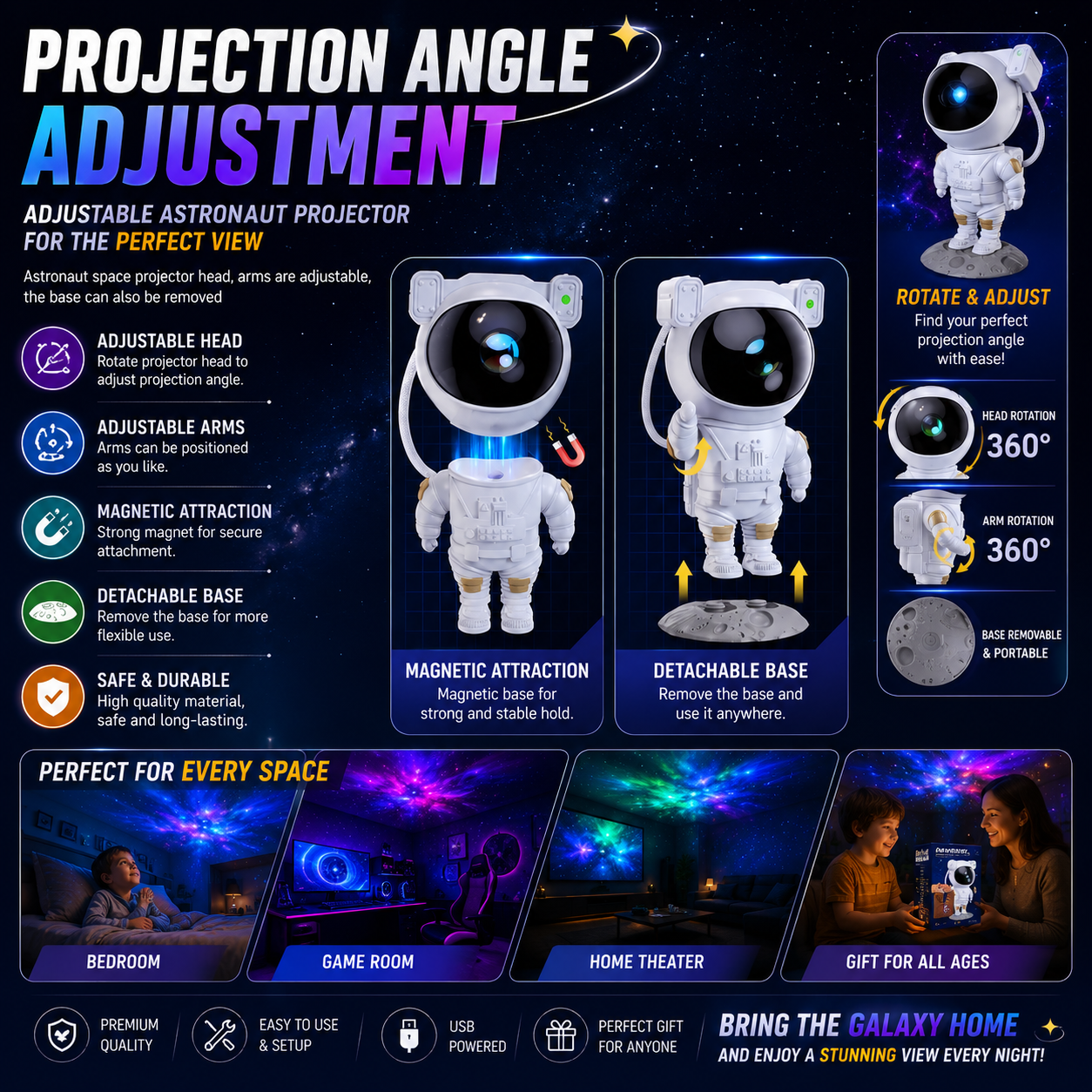 Astronaut Galaxy Projector - 360 Magnetic Head Rotation, Remote Control