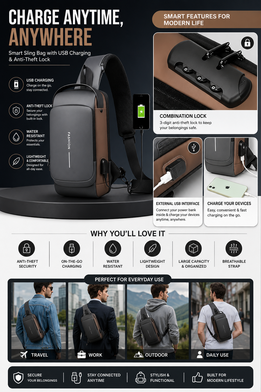 Chest Backpack brown black
